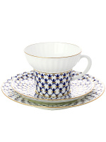 Фарфоровый чайный 3-x предметный комплект форма "Волна" рисунок "Кобальтовая сетка", Императорский фарфоровый завод