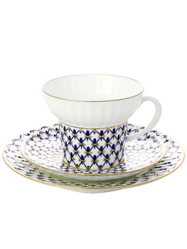 Фарфоровый чайный 3-x предметный комплект форма "Волна" рисунок "Кобальтовая сетка", Императорский фарфоровый завод