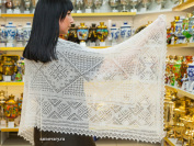 Оренбургский ажурный пуховый палантин экрю, арт. A 16070-02