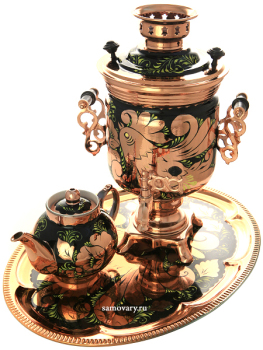 Набор самовар электрический 3 литра с художественной росписью "Золотые цветы на черном фоне" с медным напылением, арт. 140637