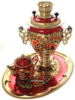 Электрический самовар в наборе 3 литра с художественной росписью "Кудрина на бордовом" с автоматическим отключением при закипании, арт. 159685к