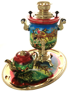 Электрический самовар в наборе 3 литра с художественной росписью "Тройка летняя" с автоматическим отключением при закипании, арт. 159683к