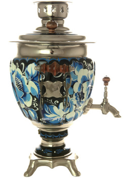 Электрический самовар 3 литра с художественной росписью "Жостово на синем фоне" арт. 130599