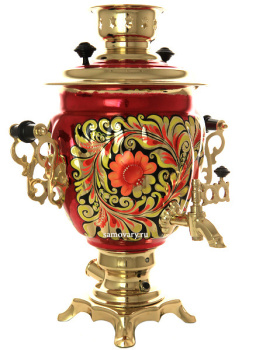 Электрический самовар в наборе 3 литра с художественной росписью "Кудрина на бордовом" с автоматическим отключением при закипании, арт. 159685к