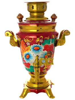 Электрический самовар 1,5 литра с художественной росписью "Ромашки на бордовом фоне", арт. 150476