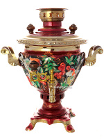 Электрический самовар 2 литра с художественной росписью "Птица, рябина на бордовом фоне", арт. 150474