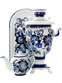 Самовар электрический 3 литра с росписью "Гжель" в наборе с чайником и подносом, арт. 130309