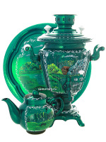 Набор самовар электрический 3 литра с художественной росписью "Пейзаж на зеленом фоне", арт. 155656