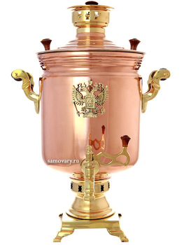 Комбинированный самовар 5 литров латунь-медь "цилиндр" с накладным Гербом РФ, арт. 330520
