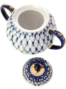 Фарфоровая сахарница форма "Тюльпан", рисунок "Кобальтовая сетка", Императорский фарфоровый завод