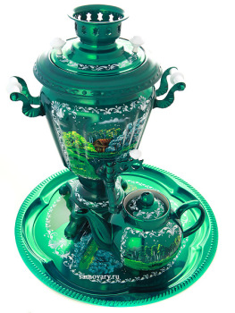 Набор самовар электрический 3 литра с художественной росписью "Пейзаж на зеленом фоне", арт. 155656