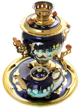 Набор самовар электрический 3 литра с художественной росписью "Зимняя деревня",  арт. 155691