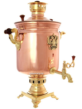 Комбинированный самовар 5 литров латунь-медь "цилиндр" с накладным Гербом РФ, арт. 330520