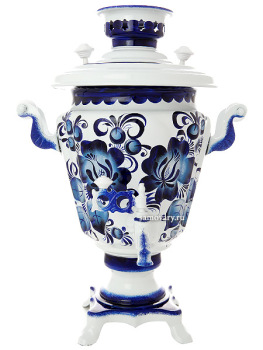 Самовар электрический 3 литра с росписью "Гжель" в наборе с чайником и подносом, арт. 130309