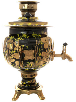 Электрический самовар 3 литра с художественной росписью "Золотые цветы на черном фоне", с автоматическим отключением при закипании, арт. 140408а