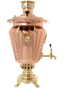 Угольный самовар 7 литров латунь-медь "конус" рифленый с накладным Гербом РФ, арт. 220588