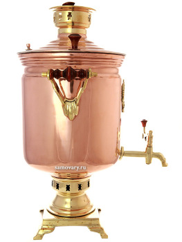 Комбинированный самовар 5 литров латунь-медь "цилиндр" с накладным Гербом РФ, арт. 330520