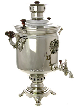 Самовар угольный на дровах 5 литров "цилиндр" никелированный Тула с накладным Гербом РФ, арт. 220511