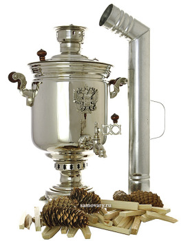Самовар угольный на дровах 5 литров "цилиндр" никелированный Тула с накладным Гербом РФ, арт. 220511
