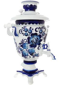 Самовар электрический 3 литра с росписью "Гжель" в наборе с чайником и подносом, арт. 130309