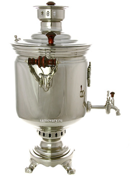 Самовар угольный на дровах 5 литров "цилиндр" никелированный Тула с накладным Гербом РФ, арт. 220511