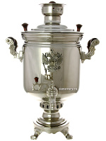 Самовар угольный на дровах 5 литров "цилиндр" никелированный Тула с накладным Гербом РФ, арт. 220511