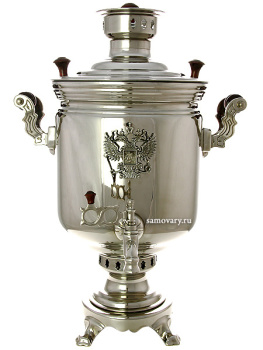 Самовар угольный на дровах 5 литров "цилиндр" никелированный Тула с накладным Гербом РФ, арт. 220511