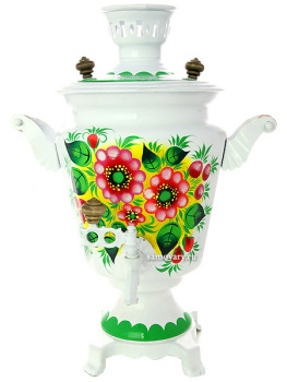 Электрический самовар 4 литра с художественной росписью "Жостово на белом фоне", арт. 155607