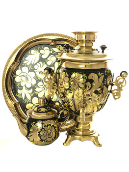 Набор самовар электрический 3 литра с художественной росписью "Золотые цветы на черном фоне", арт. 130487