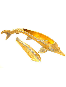 Позолоченная литая икорница с ручной гравюрой "Осетр", Златоуст