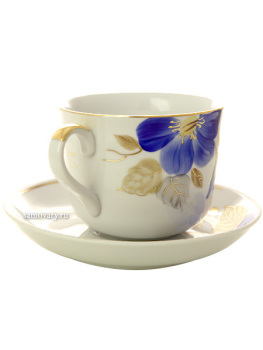Фарфоровая чашка с блюдцем форма "Ностальгия" рисунок "Синий цветок", Дулевский фарфор