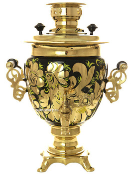 Набор самовар электрический 3 литра с художественной росписью "Золотые цветы на черном фоне", арт. 130487