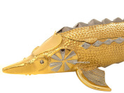 Позолоченная литая икорница с ручной гравюрой "Осетр", Златоуст