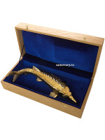 Позолоченная литая икорница с ручной гравюрой "Осетр", Златоуст