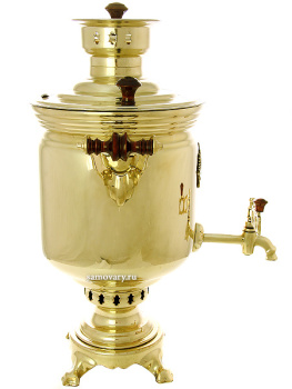 Самовар угольный на дровах 5 литров желтый "цилиндр" с накладным Гербом РФ, арт. 211693