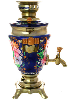 Электрический самовар 1,5 литра с художественной росписью "Букет на синем фоне", арт. 103544