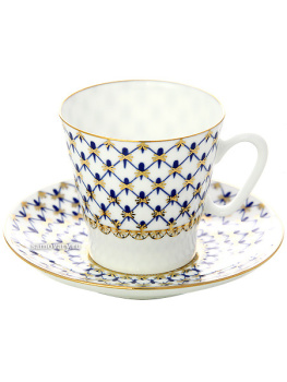 Кофейная фарфоровая чашка с блюдцем форма "Черный кофе", рисунок "Кобальтовая сетка", Императорский фарфоровый завод