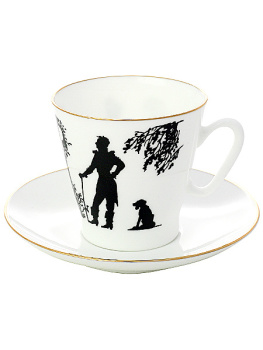 Кофейная чашка с блюдцем форма "Черный кофе", рисунок "Встреча", серия "Силуэты", Императорский фарфоровый завод