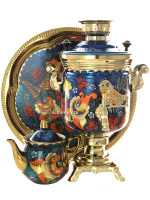 Электрический самовар в наборе 3 литра с художественной росписью "Хохлома на синем фоне мелкая" с автоматическим отключением при закипании, арт. 130472к