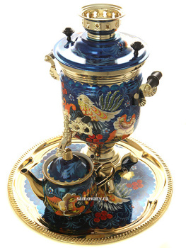 Электрический самовар в наборе 3 литра с художественной росписью "Хохлома на синем фоне мелкая" с автоматическим отключением при закипании, арт. 130472к