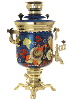 Электрический самовар в наборе 3 литра с художественной росписью "Хохлома на синем фоне мелкая" с автоматическим отключением при закипании, арт. 130472к