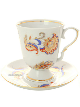 Фарфоровый бокал с блюдцем форма "Классический" рисунок "Перо Жар-птицы" Дулёво фарфор