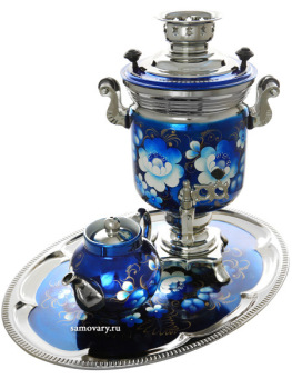 Набор самовар электрический 3 литра "Жостово на синем" с автоматическим отключением при закипании, арт. 130588к