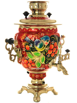 Электрический самовар 3 литра с художественной росписью "Птица, рябина на красном фоне" с автоматическим отключением