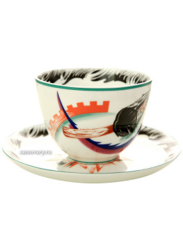 Чашка с блюдцем чайная форма "Весенняя-2", рисунок "Серп, молот и шестерня", Императорский фарфоровый завод