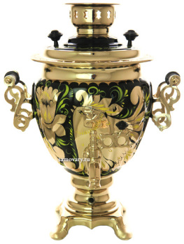 Самовар электрический 3 литра с чайником и подносом, роспись "Золотые цветы на черном фоне" с автоотключением