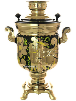 Самовар электрический 3 литра с чайником и подносом, роспись "Золотые цветы на черном фоне" с автоотключением