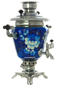 Набор самовар электрический 3 литра с художественной росписью "Жостово на синем фоне" с чайным сервизом и подносом, арт. 103558с