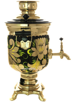 Самовар электрический 3 литра с чайником и подносом, роспись "Золотые цветы на черном фоне" с автоотключением