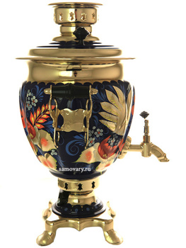 Электрический самовар 3 литра с художественной росписью "Птица в рябине на синем"